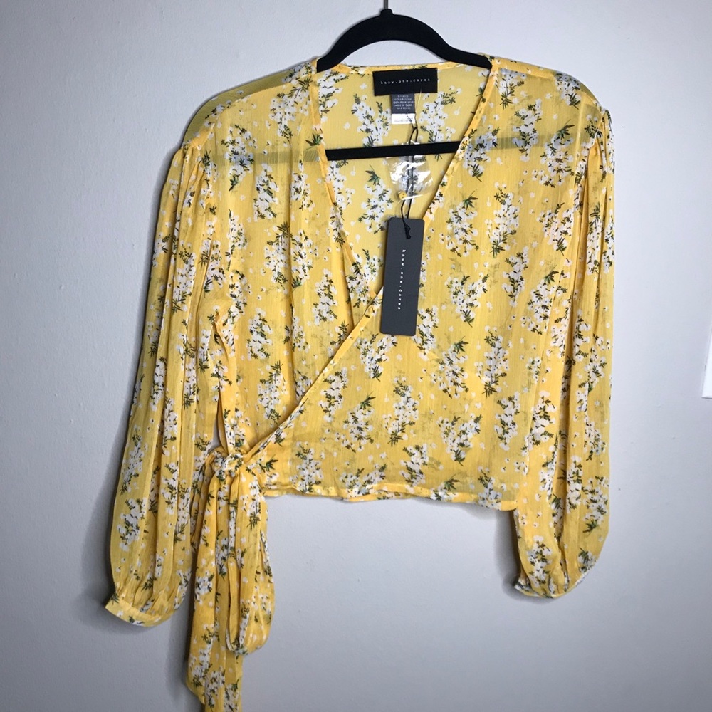 Know One Cares Floral Wrap Blouse with Tie Yellow